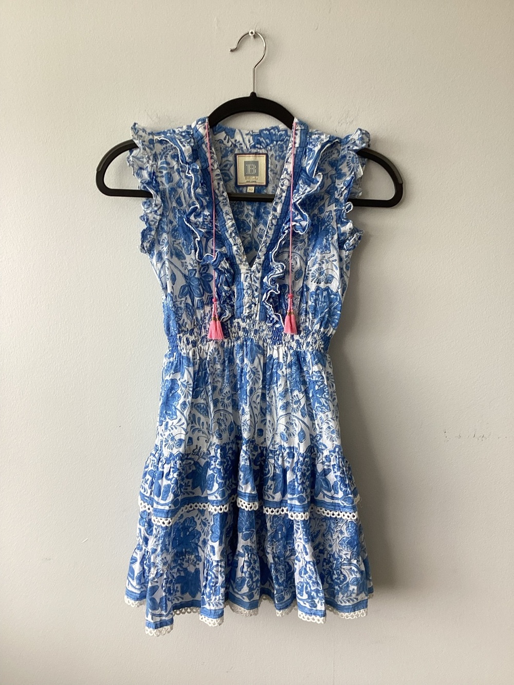 Bell Girls Size 10 Blue & White Floral Ruffle Lined Dress with Pink Tassels